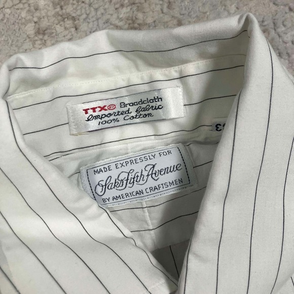 Saks Fifth Avenue Mens White Striped Cotton Broadcloth Dress Shirt 16-33 Vintage - Picture 2 of 13